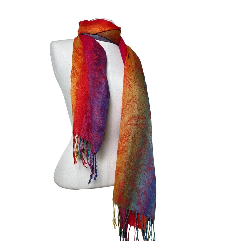 Rainbow Floral Jacquard Shawl Vibrant Fringe Wrap Scarf Festival Hippie Boho‎